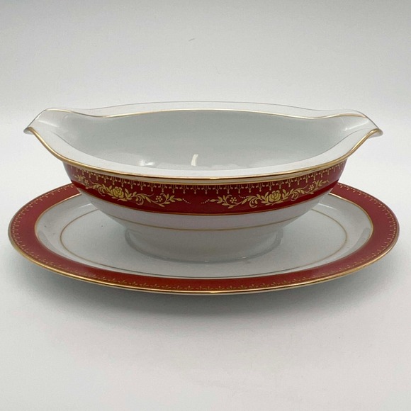 Noritake Goldhill 6613 Gravy Boat w Underplate Red Gold Trim Japan EUC